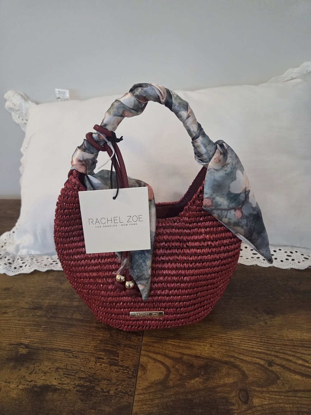 Rachel Zoe Red Woven Mini Hobo with Floral Scarf Handle